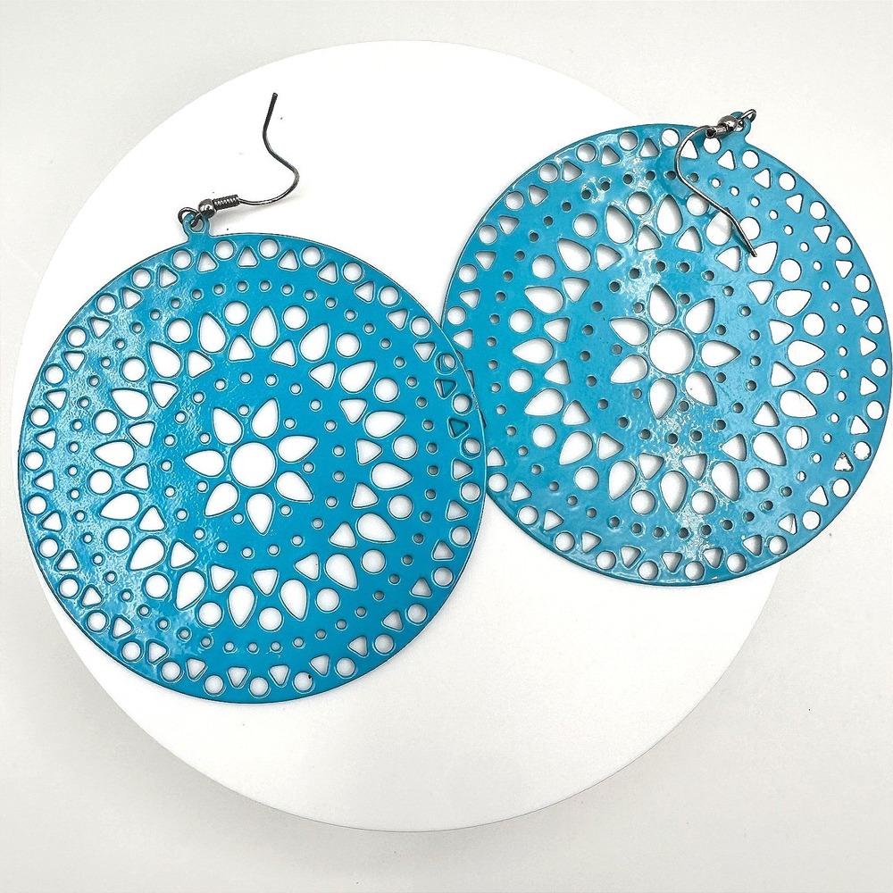 Vintage 90s‎ Boho Teal Blue Enamel Large Filigree Round Drop Dangle Earrings